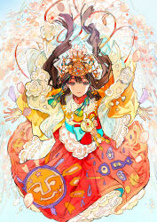Rule 34 | 1girl, absurdres, aqua bow, blue eyes, bow, brown hair, buchi (qooo003), butterfly ornament, cherry blossoms, chromatic aberration, closed mouth, commentary, eyelashes, floating, flower, hagoromo, hair between eyes, headdress, highres, japanese clothes, kimono, light smile, long hair, long sleeves, looking at viewer, obi, obiage, obijime, orange kimono, original, outstretched hand, petals, petticoat, print skirt, red lips, red skirt, sash, shawl, sidelocks, skirt, solo, straight-on, tassel, wide sleeves