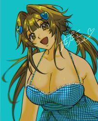 Rule 34 | 010sust, 1girl, aqua background, bare shoulders, blue dress, borrowed character, breasts, brown eyes, brown hair, cleavage, dress, hair ornament, heart, heart hair ornament, highres, large breasts, long hair, looking at viewer, nanaco (hott0g111), open mouth, original, plaid, plaid dress, simple background, smile, solo, twintails, upper body