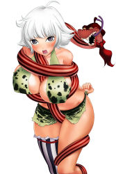 Rule 34 | 1girl, alternate color, alternate hair color, amazon warrior, asymmetrical clothes, between breasts, blush, bodai, breasts, large breasts, marguerite (one piece), one piece, short hair, single thighhigh, snake, solo, thighhighs, white hair