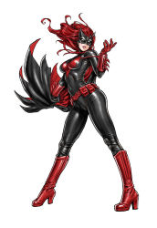 Rule 34 | 1girl, animal print, animification, bat print, batman (series), batwoman, belt, belt pouch, belt skirt, bodysuit, boots, breasts, cape, contrapposto, covered navel, dc comics, floating hair, from side, full body, gloves, hand up, head tilt, high heel boots, high heels, highres, hip focus, kate kane, knee boots, lipstick, long hair, looking at viewer, makeup, mask, no pupils, parted lips, pouch, red footwear, red gloves, red hair, shiny clothes, simple background, skin tight, solo, spikes, spread legs, standing, superhero costume, thighs, utility belt, vambraces, wavy hair, white background, white eyes, yamashita shun&#039;ya