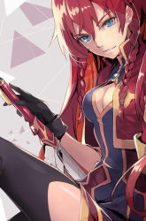 Rule 34 | 10s, 1girl, blue eyes, braid, breasts, cleavage, cleavage cutout, clothing cutout, long hair, looking at viewer, medium breasts, parted lips, pokimari, re:creators, red hair, selesia upitiria, solo, sword, thighhighs, weapon