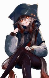Rule 34 | 1girl, animal hood, black pantyhose, genshin impact, highres, hood, hoodie, hu tao (genshin impact), new (new gnsn), pantyhose, simple background, sitting, solo, tongue, tongue out, white background