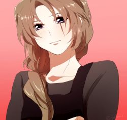 Rule 34 | 10s, 1boy, apron, bad id, bad pixiv id, blush, brown hair, collarbone, crossed arms, gradient background, long hair, low-tied long hair, male focus, minashiro soushi, ponytail, purple eyes, red background, scar, smile, solo, soukyuu no fafner, twitter username, yuriha