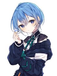 Rule 34 | 1girl, blue eyes, blue hair, blush, chiho (pixiv10578873), closed mouth, green ribbon, hand up, highres, hololive, hoshimachi suisei, hoshimachi suisei (streetwear), neck ribbon, off shoulder, ribbon, short hair, simple background, solo, virtual youtuber, white background