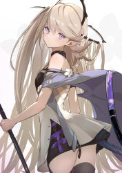 Rule 34 | 1girl, arknights, bare shoulders, black thighhighs, circle skirt, commentary, cowboy shot, dress, grey hair, highres, indigo (arknights), infection monitor (arknights), long hair, looking at viewer, nokke o, pointy ears, purple eyes, short dress, solo, standing, tail, thighhighs, very long hair, white dress