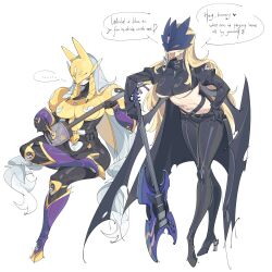 Rule 34 | ..., 2girls, ankle gun, armor, beelstarmon, black bodysuit, black coat, black pants, bodysuit, boots, breastplate, breasts, coat, covered eyes, crop top, digimon, digimon (creature), electric guitar, english text, eye mask, facial mark, fangs, fox mask, gold armor, guitar, hand on own hip, heart, high heel boots, high heels, highres, holding, holding guitar, holding instrument, instrument, large breasts, mask, multiple girls, open mouth, pants, purple eyes, purple footwear, sakuyamon, shamisen, shoulder plates, simple background, speech bubble, spoken heart, third eye, underboob, white background, white hair, zocehuy
