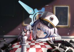 Rule 34 | 1girl, absurdres, black ribbon, blue archive, blue eyes, blurry, board game, cherino (blue archive), chess, chess piece, chessboard, coat, depth of field, gas-seal revolver, gloves, gun, hair ribbon, halo, handgun, hat, highres, holding, holding chess piece, indoors, kogane ringo, light particles, light rays, long hair, long sleeves, looking to the side, military hat, nagant m1895, picture frame, revolver, ribbon, shako cap, smile, solo, sunbeam, sunlight, table, two side up, weapon, white coat, white gloves, white hair, white hat