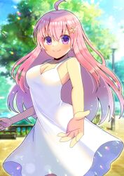 Rule 34 | 1girl, ahoge, bare arms, bare shoulders, blue sky, blurry, blurry background, blush, breasts, cleavage, closed mouth, commentary request, commission, day, depth of field, dress, hair between eyes, hair ornament, hairclip, kou hiyoyo, lamppost, long hair, looking at viewer, medium breasts, original, outdoors, pink hair, purple eyes, railing, skeb commission, sky, sleeveless, sleeveless dress, smile, solo, tree, very long hair, white dress