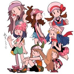 Rule 34 | 6+girls, bag, bandana, beanie, bike shorts, blue hair, brown hair, clenched hands, commentary request, creatures (company), dawn (pokemon), game freak, gogeyama, green shorts, hand up, hat, hilda (pokemon), holding, holding hat, holding poke ball, holding unworn clothes, leaf (pokemon), long hair, lyra (pokemon), may (pokemon), multiple girls, nintendo, pink hat, pink skirt, poke ball, poke ball (basic), pokemon, pokemon bw, pokemon dppt, pokemon emerald, pokemon frlg, pokemon hgss, pokemon rse, pokemon sm, pokemon xy, selene (pokemon), serena (pokemon), shirt, shoes, shorts, shoulder bag, sitting, skirt, sleeveless, sleeveless shirt, socks, standing, tied shirt, twintails