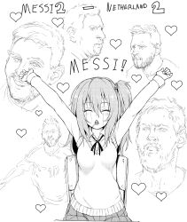 Rule 34 | !, 1boy, 1girl, 2022, 2022 fifa world cup, absurdres, age difference, argentina, argentinian flag, blush, breasts, candy, character name, character request, cheering, closed eyes, eighth note, facial hair, food, food in mouth, greyscale, hair between eyes, hair bobbles, hair ornament, happy, highres, kyokucho, lionel messi, looking to the side, medium breasts, monochrome, multiple views, musical note, original, plaid, plaid skirt, pleated skirt, real life, realistic, side ponytail, sidelocks, simple background, sitting, sketch, skirt, smile, soccer, spoken musical note, standing, sweat, sweater, tears, world cup