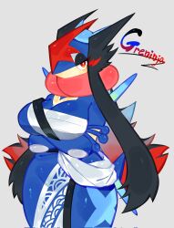 Rule 34 | ash-greninja, beige skin, black hair, blue hair, blue skin, breasts, colored skin, creatures (company), crest, crossed arms, frog girl, furry, furry female, game freak, gen 6 pokemon, greninja, highres, huge breasts, japanese clothes, long hair, looking at viewer, multicolored eyes, multicolored hair, ninja, nintendo, orange eyes, pokemon, pokemon (creature), red eyes, red hair, sarashi, scarf, tail, thick thighs, thighs, togetoge, very long hair, wide hips