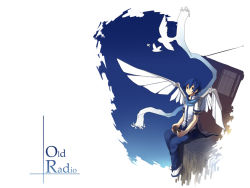 Rule 34 | 1boy, bird, blue eyes, blue hair, blue scarf, greenheart, kaito (vocaloid), male focus, matching hair/eyes, mechanical wings, old radio (vocaloid), scarf, sitting, sky, smile, solo, vocaloid, wings