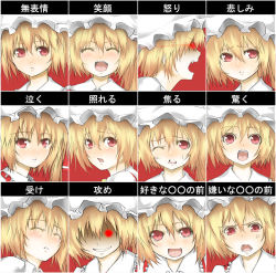 Rule 34 | 1girl, blonde hair, blush, chart, expressions, closed eyes, female focus, flandre scarlet, hair between eyes, hat, multiple views, open mouth, red eyes, sutagu, teeth, touhou, translation request, you gonna get raped