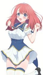 Rule 34 | 1girl, :d, absurdres, black footwear, blue eyes, blue sailor collar, blush, breasts, brown hair, center frills, commentary request, frills, hands up, highres, lapis re:lights, large breasts, long hair, open mouth, pleated skirt, puffy short sleeves, puffy sleeves, sailor collar, school uniform, serafuku, shirt, shoes, short sleeves, simple background, sincos, skirt, smile, solo, thighhighs, tiara, tiara (lapis re:lights), white background, white shirt, white skirt, white thighhighs