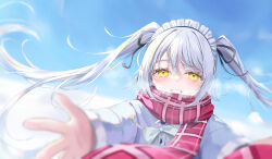 Rule 34 | 1girl, akie (44265104), blue sky, blurry, blurry background, blush, grey hair, grin, hair between eyes, jacket, long hair, looking at viewer, maid headdress, original, outdoors, plaid, plaid scarf, reaching, reaching towards viewer, red scarf, scarf, sky, smile, solo, steaming body, twintails, white-haired girl (akie), yellow eyes