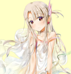 Rule 34 | 1girl, bare shoulders, blush, collarbone, commentary request, dress, earrings, fate/kaleid liner prisma illya, fate (series), frown, hair ornament, highres, illyasviel von einzbern, jewelry, long hair, looking at viewer, red eyes, sakazakinchan, simple background, solo, white dress, yellow background