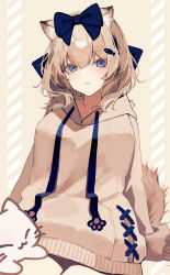 Rule 34 | 1girl, absurdres, animal ear fluff, animal ears, black bow, blue eyes, blush, bow, breasts, brown background, brown hair, brown hoodie, collarbone, commentary request, drawstring, fish hair ornament, hair between eyes, hair bow, hair ornament, highres, hood, hood down, hoodie, looking at viewer, mayogii, medium breasts, original, parted lips, solo, tail