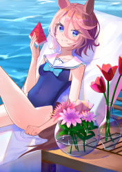 Rule 34 | 1girl, absurdres, animal ears, blue eyes, blue one-piece swimsuit, breasts, brown hair, casual one-piece swimsuit, chair, flower, food, fruit, gora mclaren, grin, highres, holding, horse ears, horse girl, horse tail, lounge chair, narita taishin (umamusume), one-piece swimsuit, sailor collar, short hair, sitting, small breasts, smile, solo, swimsuit, table, tail, umamusume, vase, water, watermelon, white sailor collar