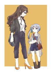 Rule 34 | 2girls, absurdres, alternate costume, ashigara (kancolle), bag, black pants, blue shorts, blunt bangs, boots, border, breasts, brown coat, brown eyes, brown hair, closed mouth, clothes writing, coat, collarbone, commentary request, eye contact, full body, green jacket, green ribbon, grey hair, hair over shoulder, hair ribbon, hand on own hip, handbag, height difference, high heels, highres, jacket, kantai collection, kasumi (kancolle), long hair, long sleeves, looking at another, looking down, looking up, multiple girls, nami nami (belphegor-5812), pants, ribbon, shirt, shorts, side ponytail, simple background, sleeves rolled up, smile, strap, tote bag, twitter username, wavy hair, white border, white shirt, yellow background