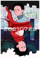 Rule 34 | 1boy, 729bite, akira (manga), black hair, blue jacket, building, cape, closed mouth, commentary request, dual persona, expressionless, face, grey eyes, grin, highres, jacket, looking at viewer, red cape, shima tetsuo, shirt, short hair, skyscraper, sleeveless, sleeveless shirt, smile, white shirt