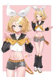 Rule 34 | 1girl, aqua eyes, black leg warmers, black sailor collar, black sleeves, blonde hair, bow, character name, commentary, detached sleeves, elpuchi, grey shorts, hair bow, hair ornament, hairclip, headphones, headset, highres, holding neckerchief, kagamine rin, leg warmers, light blush, looking at viewer, midriff, multiple views, narrow waist, navel, neckerchief, pink background, sailor collar, short hair, shorts, skinny, solo, treble clef, twitter username, vocaloid, white bow, yellow neckerchief
