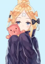 Rule 34 | 1girl, abigail williams (fate), abigail williams (traveling outfit) (fate), akaya (pixiv20545353), black bow, black jacket, blonde hair, blue background, blue eyes, blush, bow, closed mouth, commentary request, crossed bandaids, fate/grand order, fate (series), hair bow, hair bun, hands up, highres, holding, holding stuffed toy, jacket, long hair, long sleeves, looking at viewer, official alternate costume, orange bow, parted bangs, polka dot, polka dot bow, simple background, single hair bun, sleeves past fingers, sleeves past wrists, solo, stuffed animal, stuffed toy, teddy bear