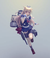 Rule 34 | 1girl, absurdres, blonde hair, blue gloves, blue ribbon, blue shirt, brown footwear, cannon, commentary request, dusttodusk, fingerless gloves, full body, gloves, grey background, grin, hair flaps, hair ornament, hair ribbon, hairclip, hand up, highres, kantai collection, long hair, looking at viewer, machinery, miniskirt, neckerchief, pleated skirt, puffy short sleeves, puffy sleeves, purple socks, red eyes, red neckerchief, ribbon, rigging, scarf, school uniform, serafuku, shirt, shoes, short sleeves, simple background, skirt, smile, socks, solo, standing, yuudachi (kancolle), yuudachi kai ni (kancolle)