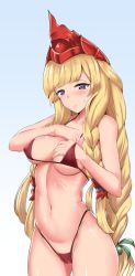 Rule 34 | 1girl, adjusting clothes, adjusting swimsuit, athena (granblue fantasy), bare arms, bare shoulders, bikini, blonde hair, blue background, blue eyes, blunt bangs, blush, braid, braided ponytail, cameltoe, closed mouth, collarbone, commentary request, covered erect nipples, cowboy shot, frown, gradient background, granblue fantasy, green ribbon, groin, hair ribbon, hand on own chest, hand under clothes, hand under swimsuit, helmet, long hair, looking away, looking down, navel, red bikini, ribbon, rumiya9i, side braid, solo, stomach, string bikini, sweat, swimsuit, thong bikini, tri braids, very long hair