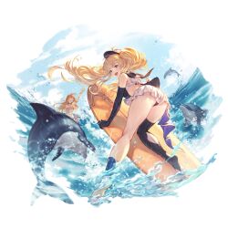 Rule 34 | 2girls, ahoge, ass, bikini, black bikini, black gloves, black thighhighs, blonde hair, blue sky, blush, breasts, brown eyes, brown hair, choker, cloud, day, dolphin, elbow gloves, frilled bikini, frills, gloves, granblue fantasy, large breasts, lecia (granblue fantasy), lecia (summer) (granblue fantasy), long hair, looking at viewer, looking back, minaba hideo, monika weisswind, multiple girls, ocean, official art, open mouth, outdoors, polka dot, polka dot bikini, sailor collar, single thighhigh, skirt, sky, smile, surfboard, swimsuit, thighhighs, transparent background, twintails, water, wavy hair, white skirt