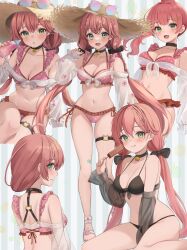 Rule 34 | 1girl, absurdres, ahoge, bikini, black bikini, black bow, blush, bow, breasts, choker, cleavage, collarbone, eyewear on headwear, hair bow, hanazawa ma, highres, hololive, large breasts, looking at viewer, low twintails, multiple views, navel, open mouth, pink bikini, pink hair, polka dot, polka dot bikini, round eyewear, sakura miko, smile, solo, sunglasses, swimsuit, tongue, tongue out, twintails, virtual youtuber, white-framed eyewear