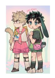 Rule 34 | 2boys, absurdres, aged down, alternate costume, animal bag, animal ears, backpack, bag, bakugou katsuki, bandaid, bandaid on face, bandaid on leg, bandaid on nose, black legwear, blonde hair, blouse, boku no hero academia, border, brown footwear, cat boy, cat ears, cat tail, child, clenched hands, closed mouth, commentary request, freckles, frown, green eyes, green hair, green sailor collar, green shirt, green shorts, highres, kemonomimi mode, korean commentary, looking at viewer, looking back, male focus, midoriya izuku, misa (jjin miryeon), multiple boys, open mouth, pink bag, pink sailor collar, pink shorts, rabbit bag, rabbit boy, rabbit ears, rabbit tail, red eyes, sailor collar, shirt, shoes, short hair, short sleeves, shorts, signature, socks, spiked hair, standing, tail, tree, twitter username, white border, white footwear, white legwear, white shirt, yellow bag