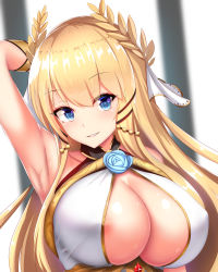 Rule 34 | 1girl, areola slip, arm behind head, armpits, azur lane, bare shoulders, blonde hair, blue eyes, blurry, blurry background, breasts, cleavage, commentary request, covered erect nipples, dress, eyelashes, flower ornament, hair ornament, hand up, highres, large breasts, laurel crown, long hair, looking at viewer, nekoda (maoda), parted lips, revision, ribbon, sleeveless, sleeveless dress, smile, solo, upper body, veil, victorious (azur lane), wrist ribbon
