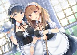 Rule 34 | 2girls, :d, apron, black dress, black hair, blue eyes, blush, breasts, brown hair, brown ribbon, cleavage, closed mouth, collar, commentary request, cup, detached collar, detached sleeves, dress, frilled apron, frills, highres, holding, holding tray, indoors, long hair, maid, maid headdress, medium breasts, multiple girls, neck ribbon, open mouth, original, pleated dress, puffy short sleeves, puffy sleeves, red eyes, ribbon, saucer, short sleeves, smile, teacup, teapot, tray, very long hair, waist apron, white apron, white collar, white sleeves, window, wing collar, wrist cuffs, yukimochi kinako