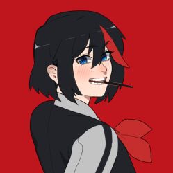 Rule 34 | 1girl, black hair, black jacket, blue eyes, blush, food, food in mouth, hong doo, jacket, kill la kill, looking at viewer, matoi ryuuko, multicolored clothes, multicolored hair, multicolored jacket, neckerchief, pocky, pocky in mouth, red background, red hair, red neckerchief, short hair, simple background, solo, streaked hair, two-tone hair, two-tone jacket, upper body, white jacket