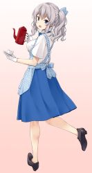 Rule 34 | 10s, 1girl, alternate costume, apron, black footwear, blue eyes, blue skirt, coffee pot, cup, employee uniform, from behind, full body, gingham, gloves, gradient background, hair ribbon, kantai collection, kashima (kancolle), kobeya uniform, looking at viewer, looking back, no socks, open mouth, pink background, plaid, plaid apron, ribbon, saucer, shirt, shoes, short sleeves, silver hair, skirt, smile, solo, takayaki, teacup, teapot, twintails, uniform, waitress, wavy hair, white gloves, white shirt