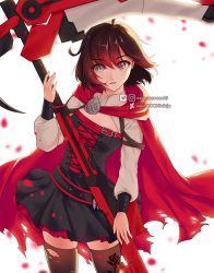 Rule 34 | 1girl, ahoge, black skirt, blurry, blurry background, breasts, brown hair, brown thighhighs, cape, contrapposto, corset, cowboy shot, crescent rose, epiccococooki, floating hair, gradient hair, grey eyes, hair between eyes, highres, holding, holding scythe, layered skirt, long sleeves, looking at viewer, medium breasts, miniskirt, multicolored clothes, multicolored hair, multicolored skirt, parted lips, pleated skirt, print thighhighs, red cape, red hair, red skirt, ruby rose, rwby, scythe, short hair, shrug (clothing), skirt, solo, standing, thighhighs, torn cape, torn clothes, torn thighhighs, watermark, zettai ryouiki