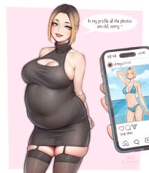 Rule 34 | 1girl, alice gromova, belly, black hair, black thighhighs, blonde hair, blue eyes, border, breasts, catfishing, cellphone, cleavage, cleavage cutout, clothing cutout, collarbone, commentary, dress, english commentary, english text, fat, garter straps, gradient hair, halter dress, halterneck, head tilt, heart, highres, holding, holding phone, instagram, large breasts, looking at viewer, multicolored hair, navel, original, parted lips, phone, pink background, red lips, simple background, skindentation, smartphone, smile, solo focus, sweater, thighhighs, turtleneck, turtleneck sweater, white border