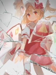 Rule 34 | 1girl, app filter, ascot, blonde hair, bow, broken mirror, chicachang, crystal, flandre scarlet, full body, hat, hat ribbon, highres, mirror, mob cap, one side up, puffy short sleeves, puffy sleeves, red eyes, ribbon, short sleeves, side ponytail, skirt, solo, touhou