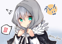 Rule 34 | 1girl, black capelet, blue background, blush, capelet, closed mouth, commentary request, fate (series), flying sweatdrops, gradient background, gray (fate), green eyes, grey hair, hair between eyes, hood, hood down, long sleeves, looking at viewer, lord el-melloi ii case files, purple background, smile, solo, sou (soutennkouchi), spoken blush, translated, twitter username