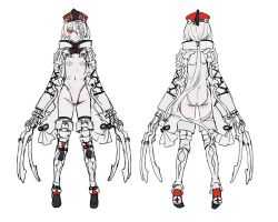 Rule 34 | 1girl, armor, ass, black footwear, character sheet, claw (weapon), closed mouth, covered navel, eyeshadow, flat color, frills, grey background, grey hair, grey leotard, hat, highres, human homeosta, jiangshi, leotard, long hair, makeup, multiple views, ofuda, original, pauldrons, ponytail, red eyes, red eyeshadow, red headwear, shoulder armor, simple background, sketch, talisman, thighhighs, very long hair, weapon, white thighhighs