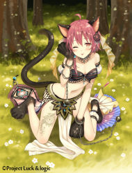 Rule 34 | 1girl, ;p, ahoge, animal ears, animal hands, bandeau, bare shoulders, blush, brown eyes, cat ears, cat girl, cat tail, chain, character request, closed mouth, collarbone, cuffs, day, forest, full body, grass, hair between eyes, hina logi - from luck &amp; logic, kneeling, looking at viewer, nature, navel, nina alexandrovna, official art, on grass, one eye closed, outdoors, pelvic curtain, puffy short sleeves, puffy sleeves, red hair, short hair, short sleeves, smile, solo, spike ball, tail, tongue, tongue out, tree, yuuki rika