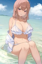 Rule 34 | 1girl, banned artist, bare shoulders, bikini, blue sky, breasts, brown hair, cleavage, cloud, day, fallen down, frilled bikini, frills, halterneck, highres, icomochi, in water, knees up, large breasts, looking at viewer, natsume (monochrome bunny), navel, ocean, original, outdoors, partially submerged, purple eyes, sitting, sky, solo, string bikini, swimsuit, thighs, water, wet, white bikini