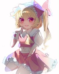 Rule 34 | 1girl, ascot, backlighting, between legs, blonde hair, bow, buttons, center frills, collared shirt, flandre scarlet, frilled bow, frilled shirt collar, frilled skirt, frills, hair between eyes, hair bow, hand between legs, happy, hat, highres, large bow, looking at viewer, medium hair, mob cap, one side up, open mouth, puffy short sleeves, puffy sleeves, red bow, red eyes, red skirt, red vest, shirt, short sleeves, simple background, skirt, skirt set, smile, solo, touhou, user ptvs3537, vest, white background, white hat, white shirt, wrist cuffs, yellow ascot