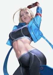 Rule 34 | 1girl, blonde hair, blue eyes, breasts, cammy white, capcom, highres, large breasts, navel, scar, simple background, solo, street fighter, street fighter 6, white background