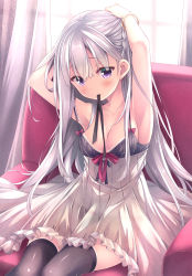 Rule 34 | 1girl, armchair, armpits, arms up, bare arms, bare shoulders, black ribbon, blurry, blurry background, blush, braid, breasts, chair, cleavage, commentary request, curtains, depth of field, dress, grey thighhighs, hair between eyes, highres, long hair, medium breasts, mouth hold, on chair, original, purple eyes, ribbon, ribbon in mouth, ryo (botugo), silver hair, sitting, sleeveless, sleeveless dress, solo, sweat, thighhighs, tying hair, very long hair, white dress, window
