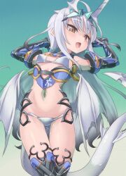 Rule 34 | 1girl, bare shoulders, bikini, black thighhighs, blue gloves, breasts, dragon tail, dragon wings, elbow gloves, fate/grand order, fate (series), forked eyebrows, galbany (tsgororin), gloves, goggles, goggles on head, highres, horns, long hair, looking at viewer, lying, melusine (fate), melusine (swimsuit ruler) (fate), melusine (swimsuit ruler) (third ascension) (fate), navel, on back, open mouth, sidelocks, small breasts, solo, swimsuit, tail, thighhighs, thighlet, thighs, water, white bikini, white hair, wings, yellow eyes