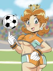 Rule 34 | 1girl, absurdres, artist name, ass, ball, blue eyes, breasts, brown hair, gloves, hand on own ass, highres, large breasts, legs, looking at viewer, looking back, mario (series), midriff, navel, nintendo, open mouth, princess, princess daisy, short hair, shorts, soccer, soccer ball, soccer uniform, solo, sportswear, super mario strikers, thighs, underboob