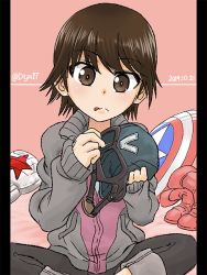 Rule 34 | 1girl, :q, blue hat, boots, brown eyes, brown hair, captain america, captain america (cosplay), closed mouth, commentary, cosplay, dated, frown, girls und panzer, goggles, goggles on headwear, grey jacket, hat, helmet, holding, holding clothes, holding hat, ichinana (dametetujin17), indian style, isobe noriko, jacket, looking at viewer, marvel, one-hour drawing challenge, pants, pillarboxed, red footwear, shield, short hair, sitting, solo, tongue, tongue out, track jacket, track pants, track suit, twitter username, unworn hat, unworn headwear
