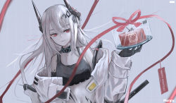 Rule 34 | 1girl, arknights, black collar, black gloves, black sports bra, bodysuit, bow, cake, collar, demon horns, dutch angle, elite ii (arknights), food, gloves, grey background, grey hair, hair ornament, hand up, highres, holding, holding cake, holding food, horns, infection monitor (arknights), long hair, long sleeves, looking at viewer, margin., material growth, mudrock (arknights), mudrock (elite ii) (arknights), navel, open bodysuit, open clothes, oripathy lesion (arknights), red bow, red eyes, red ribbon, ribbon, simple background, solo, sports bra, stomach, white bodysuit