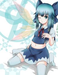 Rule 34 | 1girl, adapted costume, bad id, bad pixiv id, blue eyes, blue hair, circled 9, cirno, crost, female focus, matching hair/eyes, midriff, navel, one eye closed, phantasmagoria of flower view, solo, thighhighs, touhou, white thighhighs, wings, wink